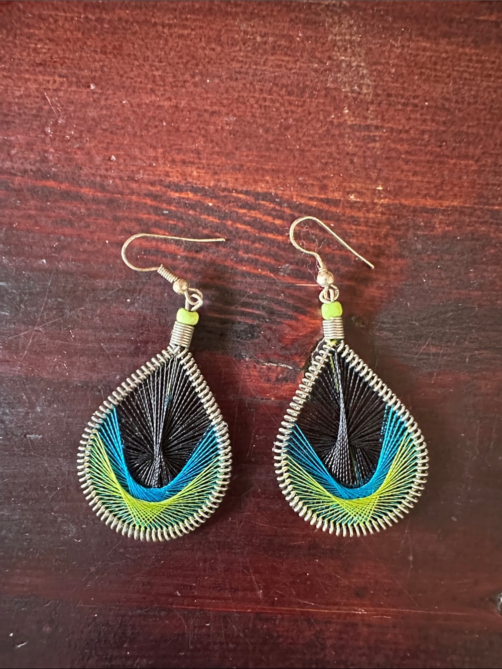 Handcrafted Black, Blue & Green Teardrop Thread Earrings